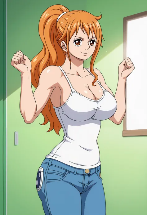 score_9_up, best quality, cowboy shot, anime_source, anime style, (SOLO:1.7), 1girl, Nami, orange hair, (white comesole:1.4), morning, (ponytail:1.7),  (serious smile:1.3), (curvy body:0.7),), (slightly looking at the viewer:1.2) (Medium breasts:1.5), jean...