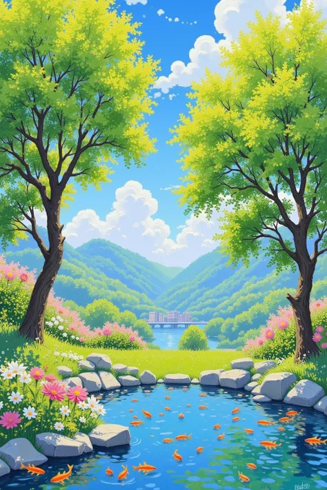 Huge trees with lots of goldfish,blue sky and white clouds,Highly realistic,4k HD,super detailed,Professional art , strong realism ,Dynamic Color,sunny,Dreamlike scene, Delicate Details ,Perfect natural environment