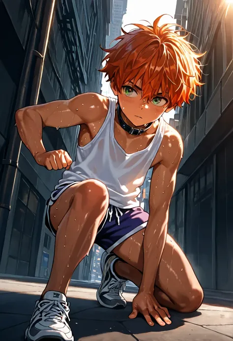 1boy, young male, 18yrs old, brown skin, sweat, dolphin shorts, tank top, fingerless grove, shoes, collar, fighting pose, sunshine, short hair, messy hair, orange hair, green eyes, cinematic lighting, masterpiece, best quality, city square, hong kong