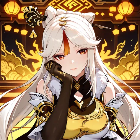 ningguang (genshin impact), long hair, white hair, hair ornament, red eyes, parted bangs, tassel, very long hair, sidelocks, hair stick, hairpin, Beautiful evening dress with a golden dragon pattern, Night, stage, soft lips, extremely detailed face, detail...