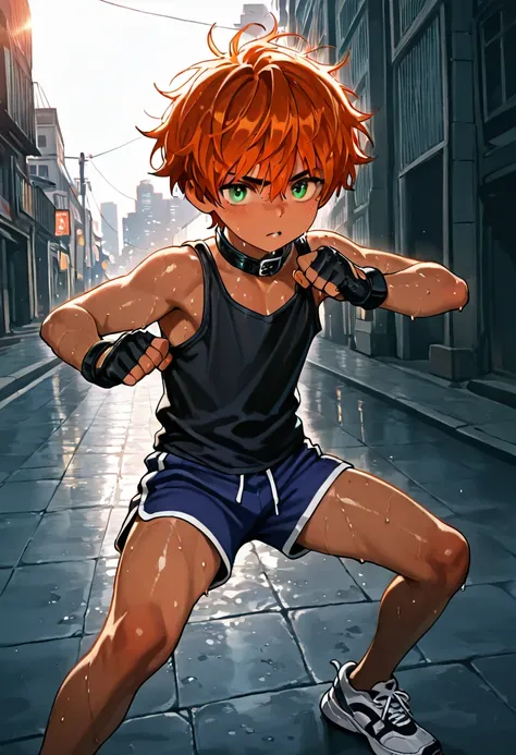 1boy, young male, 18yrs old, brown skin, sweat, dolphin shorts, tank top, fingerless grove, shoes, collar, fighting pose, sunshine, short hair, messy hair, orange hair, green eyes, cinematic lighting, masterpiece, best quality, city square, hong kong