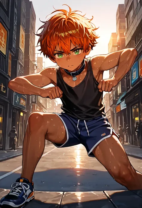 1boy, young male, 18yrs old, brown skin, sweat, dolphin shorts, tank top, fingerless grove, shoes, collar, fighting pose, sunshine, short hair, messy hair, orange hair, green eyes, cinematic lighting, masterpiece, best quality, city square, hong kong