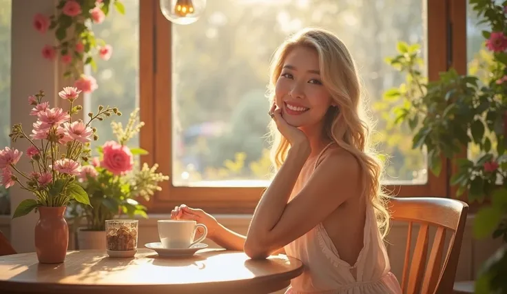 A vibrant spring café scene bathed in warm sunlight. A blonde hair and too big breasts asian woman with a bright smile sits at a wooden table, enjoying a cup of coffee. The café is decorated with fresh flowers, and the atmosphere is cozy and inviting. The ...