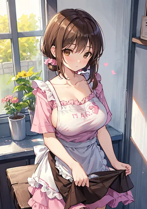 (  masterpiece), Best Quality, natural light, , Diffuse Light, alone,   Beautiful Anime   、 beautiful artistic style , (brown eyes:1.7), brown hair, Hair Accessory, hair crunch, long hair,  pink scrunchies, scrunchie , (Big Breasts、valley), Break apron, bl...