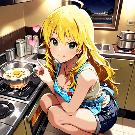 1 girl crouching, Alone, 
Hoshii Miki , long hair, Gold,green eyes,detailed eyes,  
(masterpiece、Best Quality、Super Detail:1.5), one girl, solo、chest, smile,  Broken Lips, looking viewer,so beautiful,anatomically correct, accurate,8k,perfect finger,
Back v...