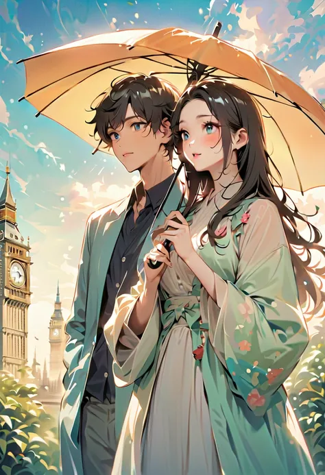 （masterpiece、high quality、Details、 8k)、Couple in their 20s、 beautiful man and woman （Details of the two、beautiful face、beautiful eyes、 white skin、smooth hair、highlights、lips、slender、cute、）、 in the rain、 Two People Holding Umbrellas  、  facing each other an...