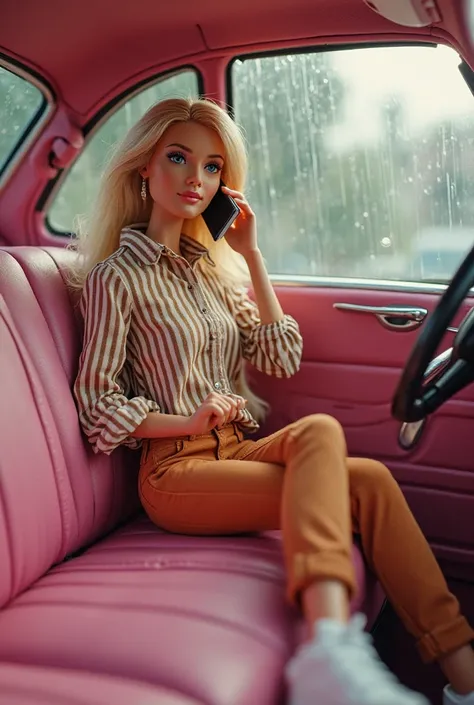 Realistic image of Barbie wearing a nude blouse and horizontal stripes in brown,  long sleeve,  pants in terracotta color,  white sneakers,talking on the cell phone, Inside the pink car to go to work and the weather with rain