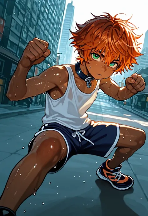 1boy, young male, 18yrs old, brown skin, sweat, dolphin shorts, tank top, fingerless grove, shoes, collar, fighting pose, sunshine, short hair, messy hair, orange hair, green eyes, cinematic lighting, masterpiece, best quality, city square, hong kong