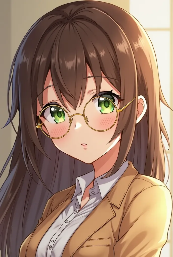 A girl who is both beautiful and intelligent, she has brown hair and green eyes and she wears round gold glasses, she comes from a rich and twice Christian family, all in anime, manga style and whole. 