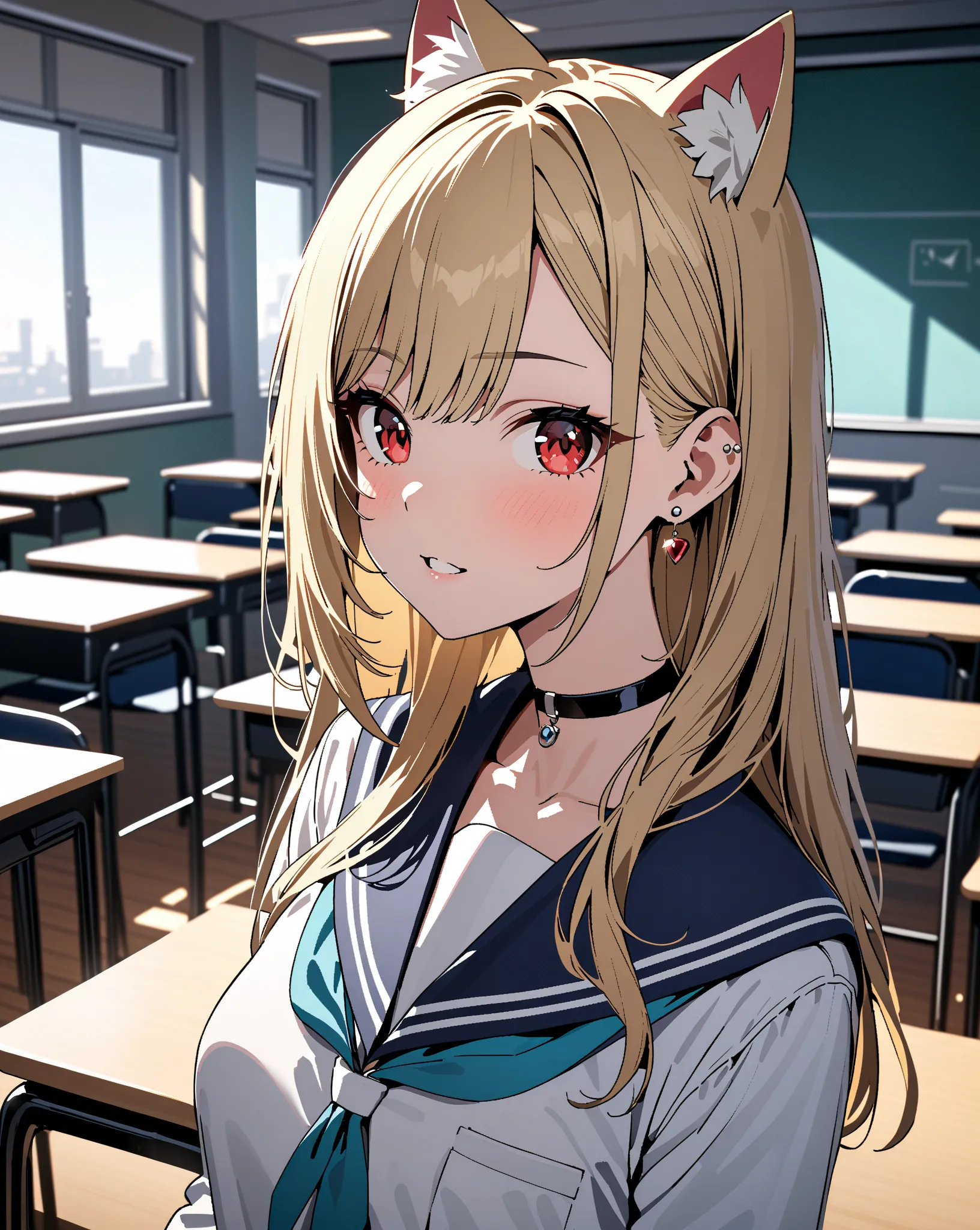 The mysterious transfer student, sailor suit, classroom, Small breasts, Kitagawa Marin, Cat ears:0.5,  1girl , blonde hair, long hair, multicolored hair, red eyes, jewelry, earrings, piercing, black choker, masterpiece:1.5, highest quality, UHD, retina, ma...