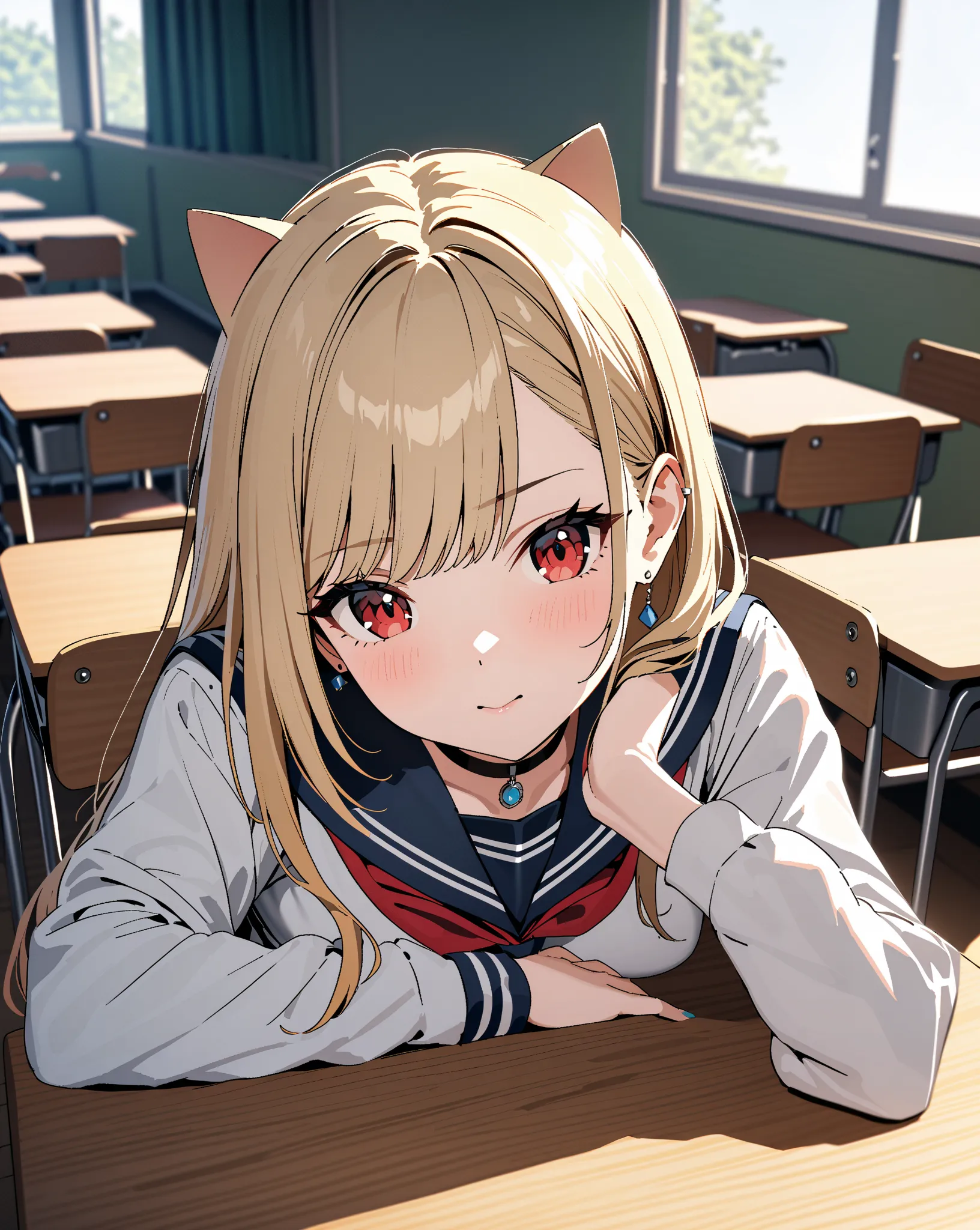 The mysterious transfer student, sailor suit, classroom, Small breasts, Kitagawa Marin, Cat ears:0.5,  1girl , blonde hair, long hair, multicolored hair, red eyes, jewelry, earrings, piercing, black choker, masterpiece:1.5, highest quality, UHD, retina, ma...