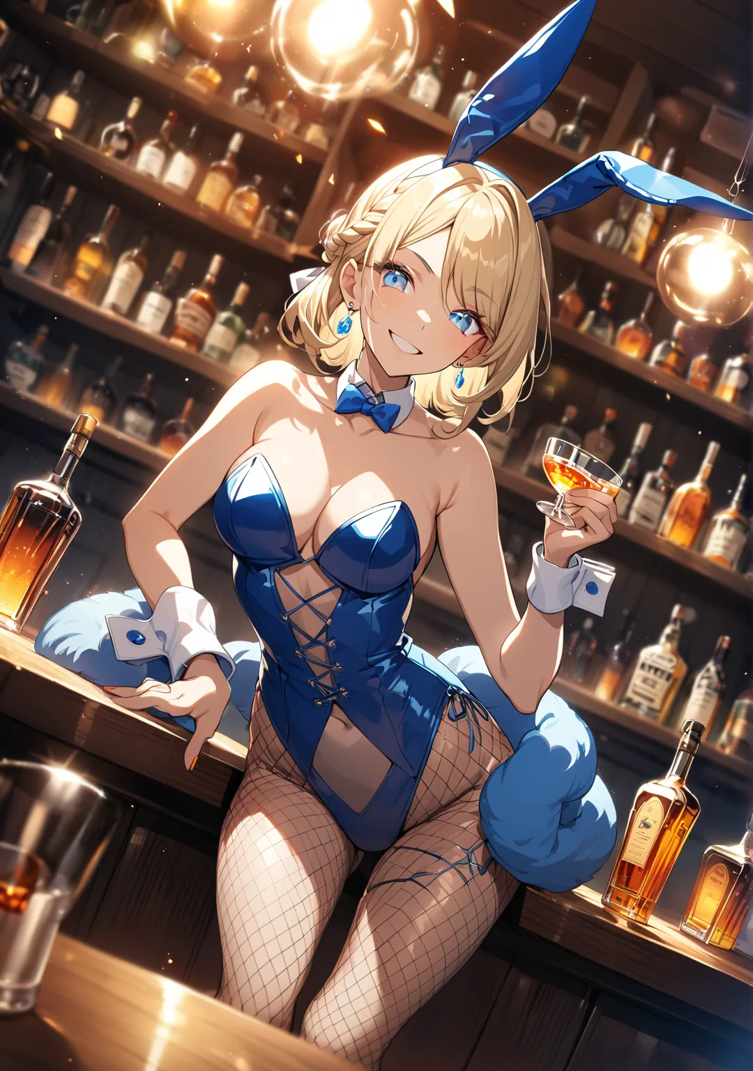 1 girl, Game CG, a stylish female bartender standing behind a bar counter, 
shallow depth of field, a portrait with a soft Gaussian blurred background, creating a dreamy atmosphere, focus on face, dutch angle, 
confident and slightly smirking expression, h...