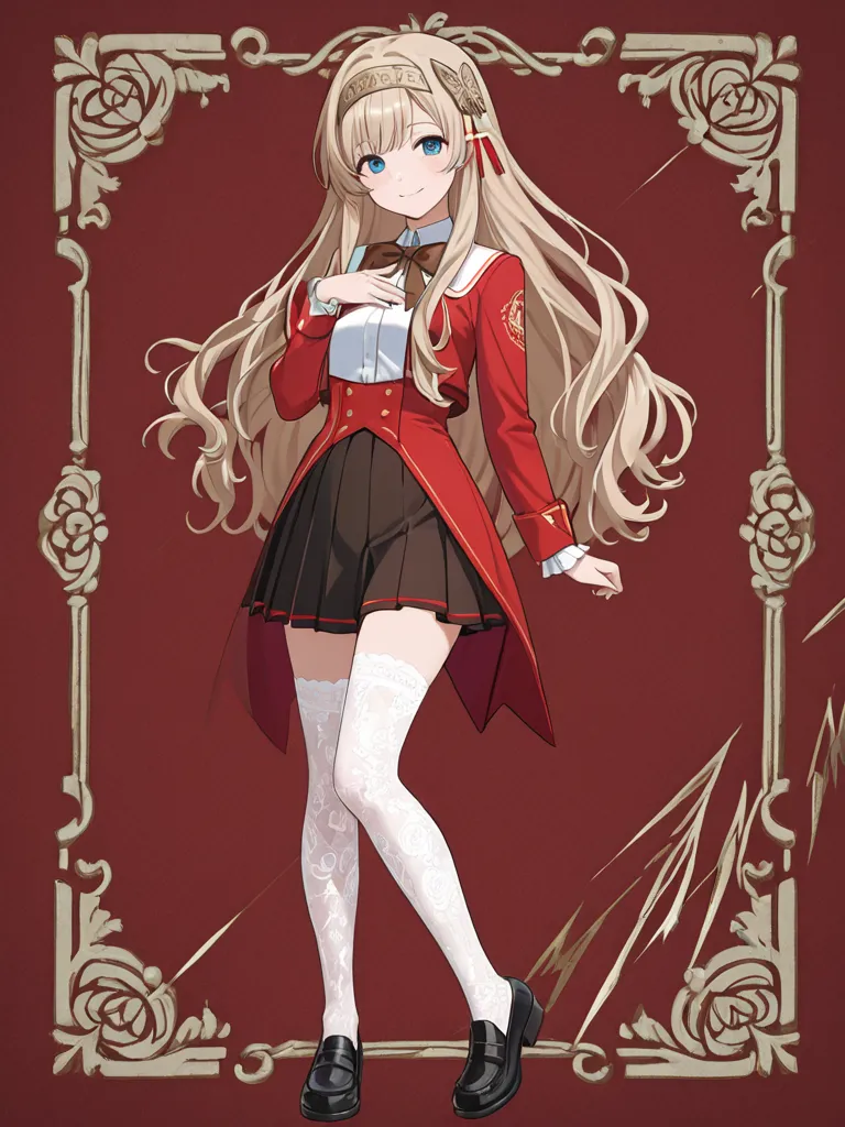 The image shows an anime girl with long wavy redheads with hair. Her hair is decorated with gold winged clips. She is wearing a white school uniform with red trim: , a red-framed jacket, white shirt and brown bow tie. She has hieroglyphic headband.

short ...