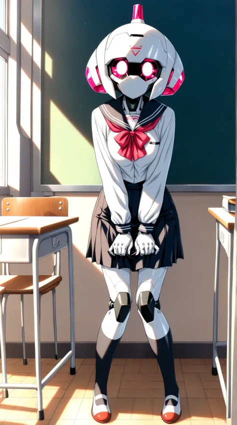 One robot like Mechazawa, solo, (school uniform, robot), (classroom, introducing himself in front of the classroom), full body image, (incredible high resolution, masterpiece, best quality, highly detailed, CG, high quality anime drawing)