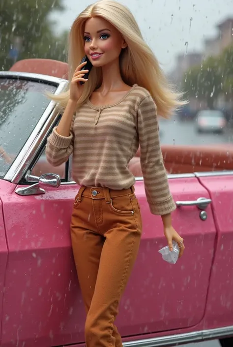 Realistic image of Barbie wearing a nude blouse and horizontal stripes in brown,  long sleeve,  pants in terracotta color,  white sneakers,Speak cheerfully on the cell phone, Inside the pink car to go to work and the weather with rain