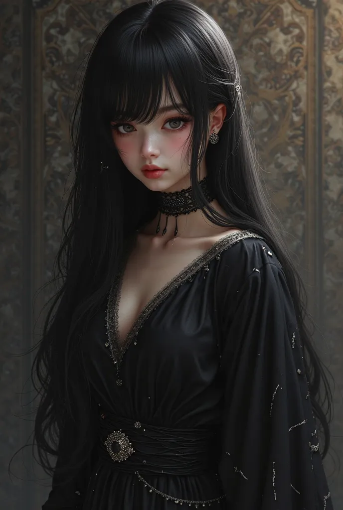 ((RAW Photo), absurd, (absurdresolution)), masterpiece, best quality, (Extremely detailed 8k unity CG wallpaper), (best illustration), (best shadow), Realistic lighting, beautiful detailed glow, (()), girl, long black hair, black queen, accessories, shy an...