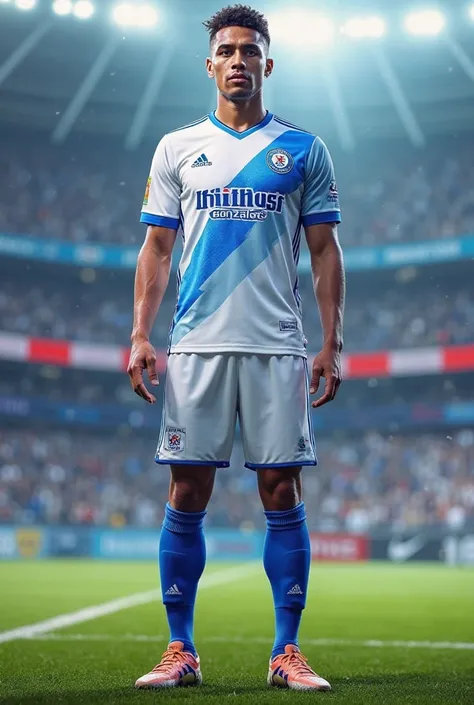 Models of soccer uniforms in white and blue, and that on the front part say company Gabrieñ Gonzales, as logo