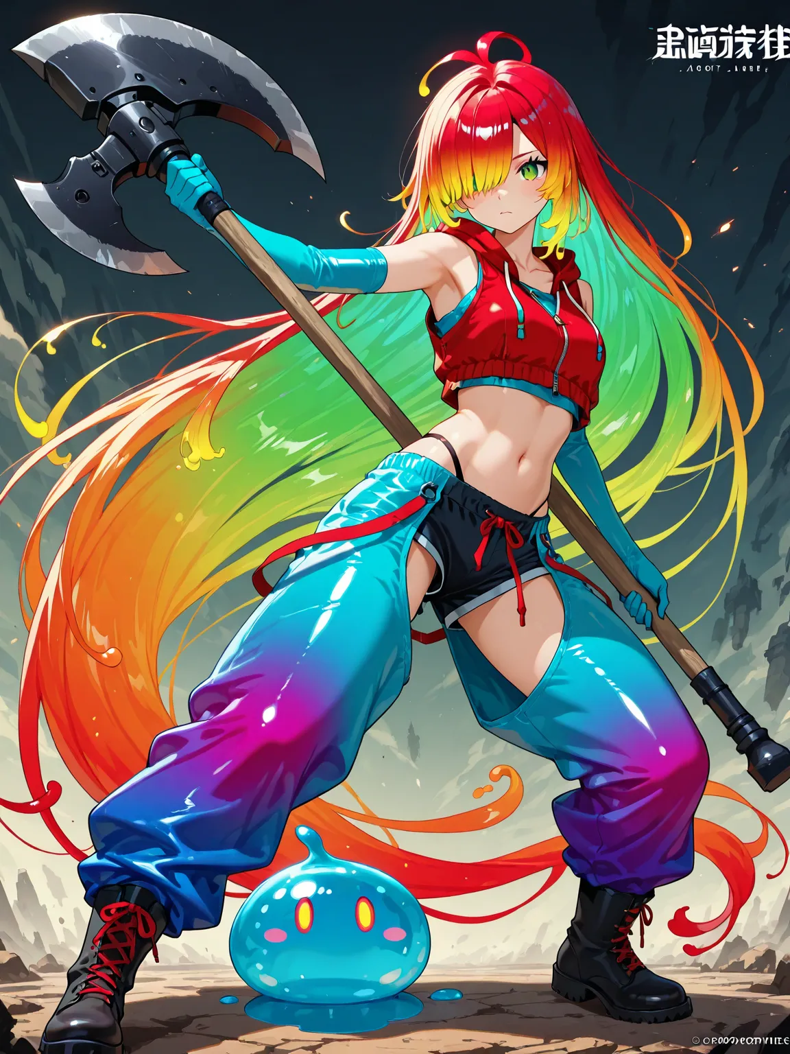 1girl,solo,boots, absurdly long hair, axe, hair over one eyes,black panties, blue gloves, collarbone, creature, crop top,drawstring, elbow gloves, gradient hair, green eyes, red vest, sleeveless shirt, slime hair, slit pupils, standing,character, concept ,...