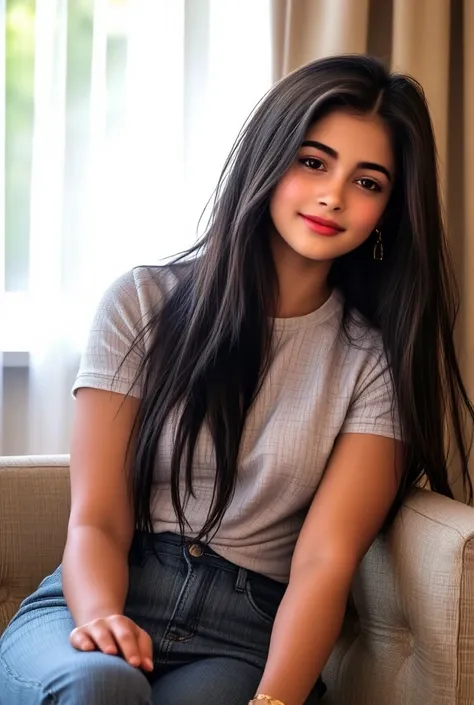 a stunning Indian woman, 3०-year-old with radiant skin and long, silky black hair, sits relaxed at home in a modern, cozy setting bathed in soft natural light. She wears a trendy designer t- shirt and well-fitted blue jeans pants, her confident smile radia...