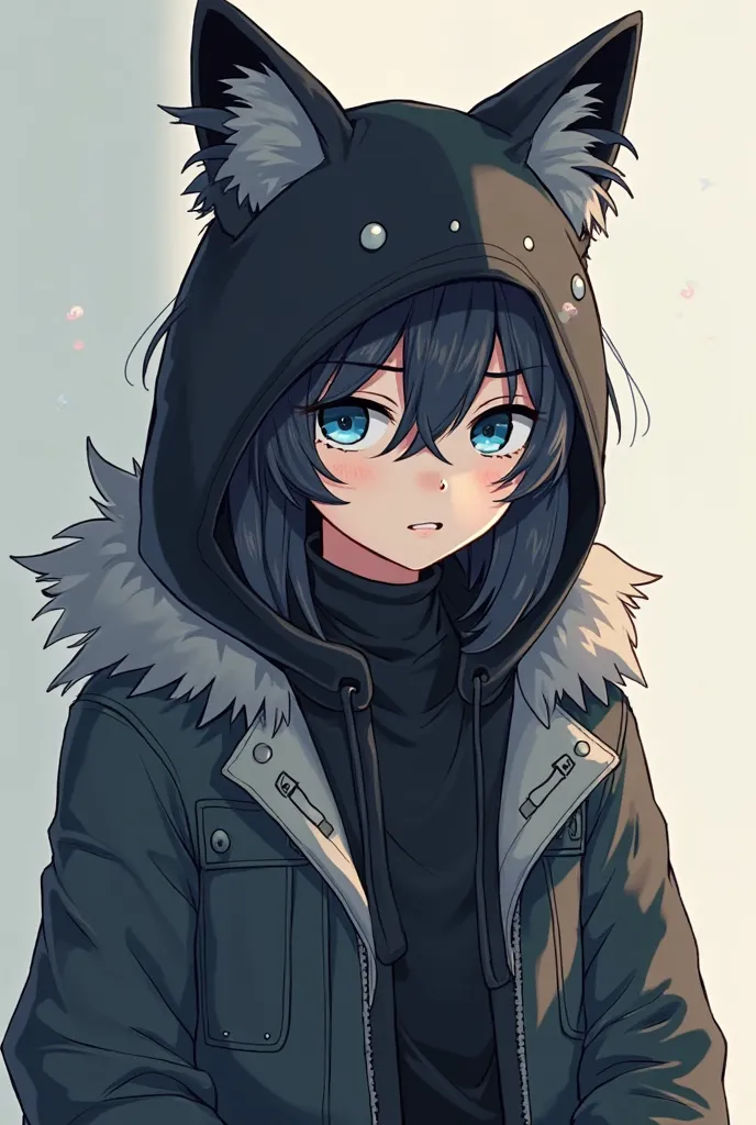 Good afternoon, Could you create a boy anime style character for me, taking into account the name SHADOW FOX?, THE BOY SHOULD WEAR A JACKET WITH A BLACK FOX HAT WITH A MIXTURE OF THE WHITE MOUTH AND THE BLUE EYES, THESE CHARACTERISTICS ARE OF THE FOX AND T...