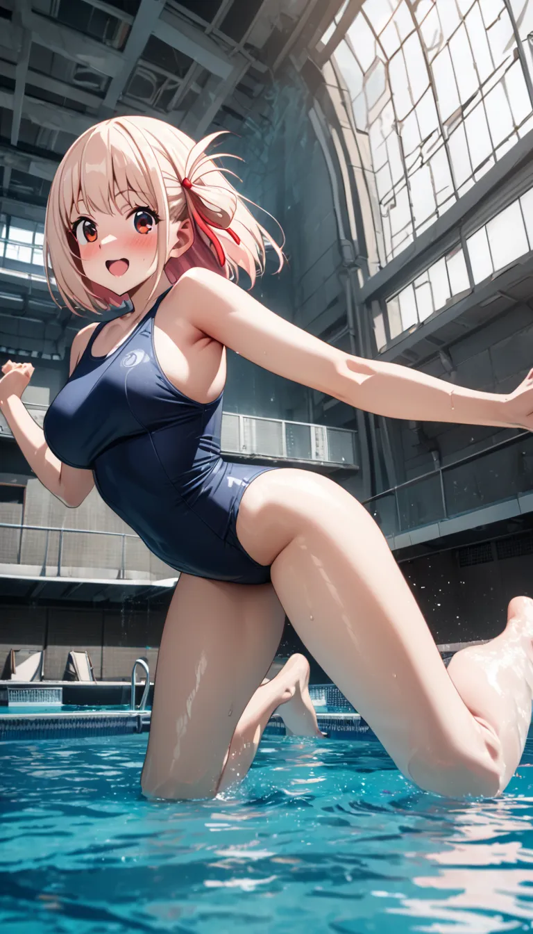 (beautiful girl : 1.3),1 girl crouching,(chisato nishikigi),( dark blue school swimsuit),smile,blush, is embarrassing,Armpits,Indoor swimming pool,masterpiece,Best Quality,Ultra High Resolution,rich contrasts,high image quality,8k,High Definition CG Unit W...