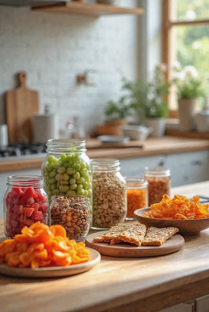 A table with several healthy snack alternatives: jars with fresh cut fruit, a bowl of nuts and seeds, roasted sweet potato and carrot chips, and homemade cereal bars. In the background, a well-lit and welcoming kitchen, transmitting the idea that preparing...