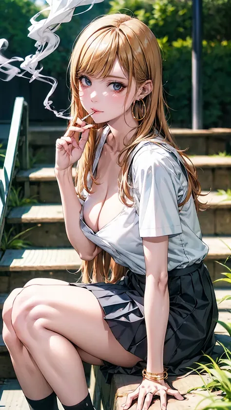  (long straight hair:1.8, blond with a big face),UHD,Stairway Sitting Posture , Roll up your sleeves ,   place your hands on your face, Japanese High School Girl ,  ((I'm smoking a lit cigarette)),pleated skirt,  panties ,  Outdoor Urban Environment  , nat...