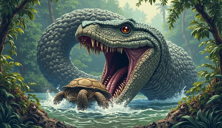 Screen 2 of cartoon : Titanoboa snake swallowing big turtle