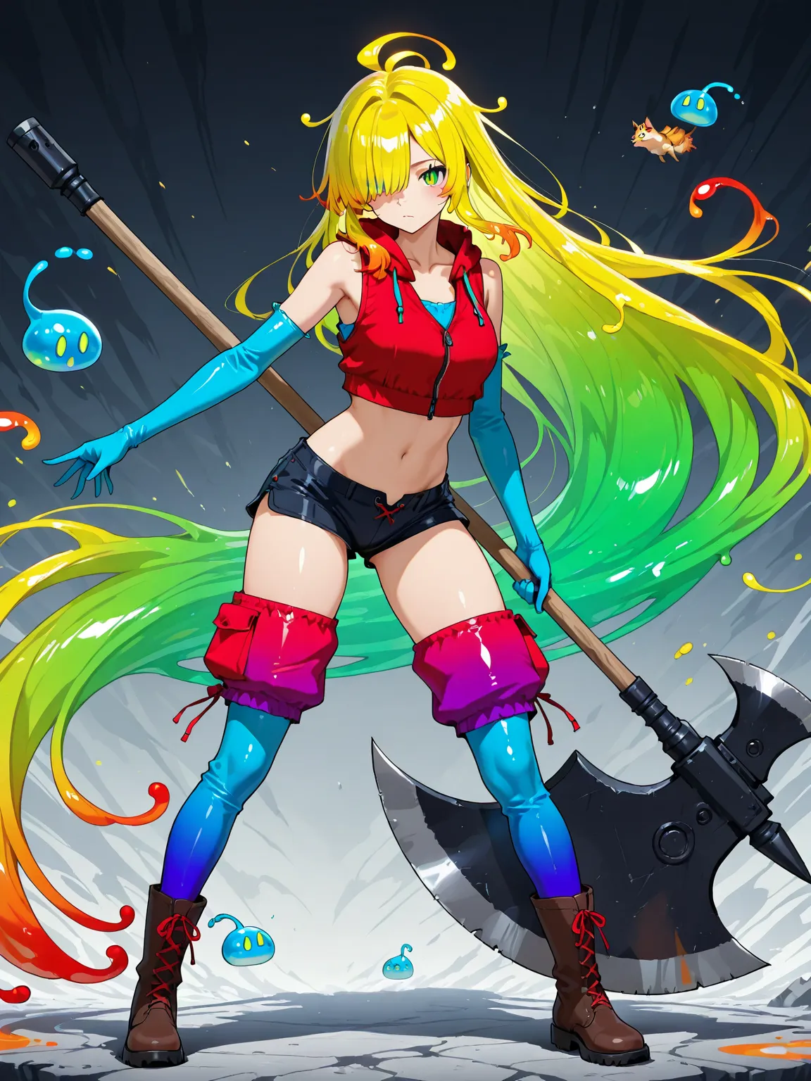 1girl,solo,boots, absurdly long hair, axe, hair over one eyes,black panties, blue gloves, collarbone, creature, crop top,drawstring, elbow gloves, gradient hair, green eyes, red vest, sleeveless shirt, slime hair, slit pupils, standing,character, concept ,...