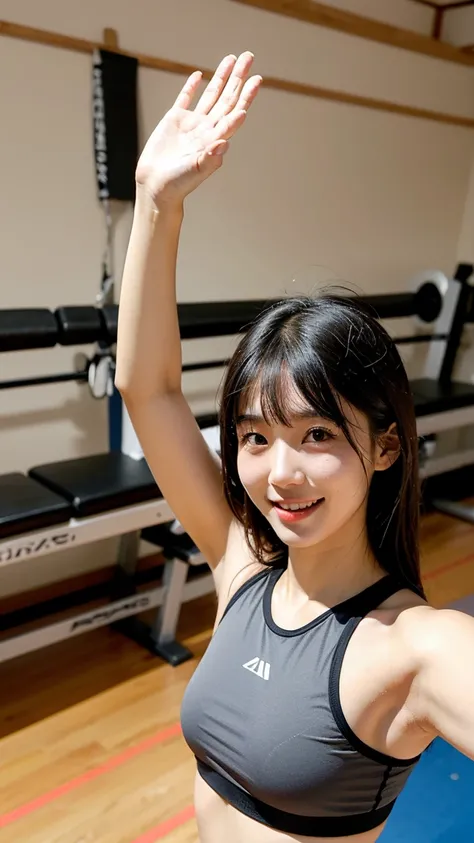 No breasts、 Japanese Athletes Taking on the Challenge、(best quality),27 Talent,smile,selfie,Ultra slim(muscular body),sports bra(white),small breasts,mole(Left side of mouth)、Straight bangs x black hair shiny long、full body、Stretching with both hands raise...