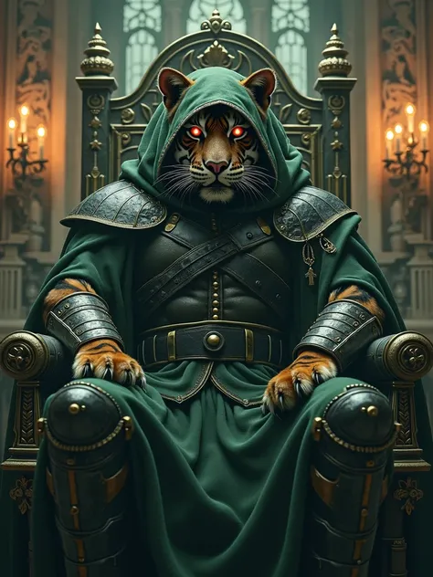 with gothic and steampunk influences. A powerful figure sits on an ornate throne, exuding an aura of authority and mystery. The character is tiger, wearing a battle-worn, armored suit with a hooded cloak draped over his shoulders. His red, glowing eyes pee...