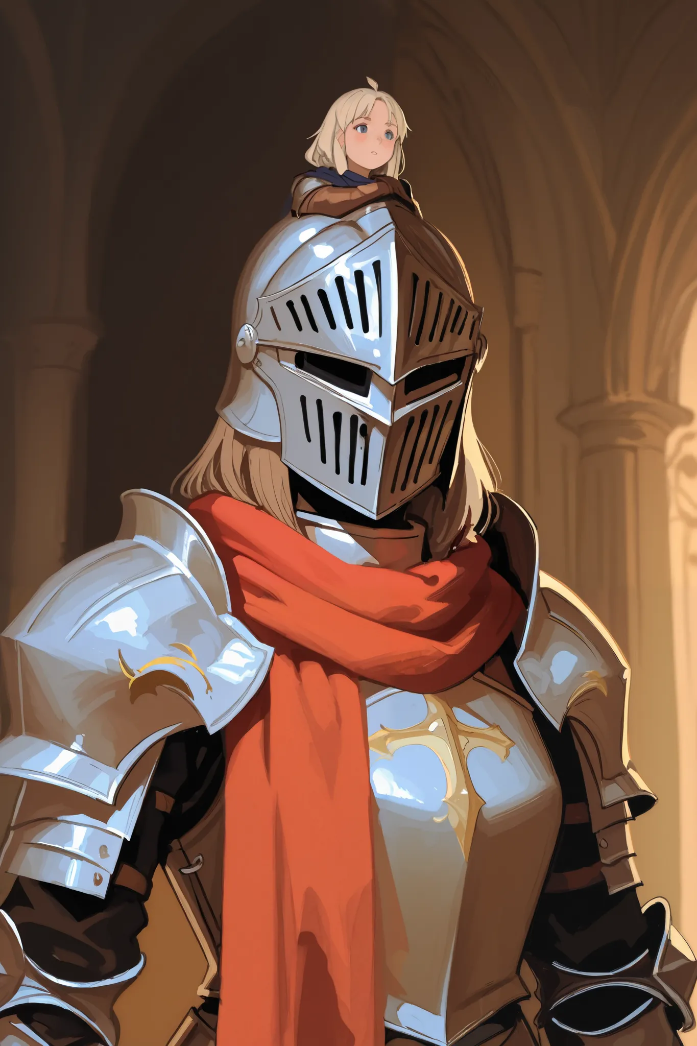 knight girl with sallet. No face. She wearing big scarf around her neck and cover half of her sallet.