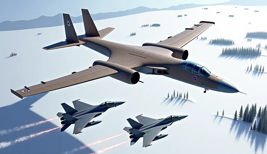 In Operation Valkyrie in Ace Combat Zero、full-wing wooden giant bombers flying over snowfields and F-15Cs chasing