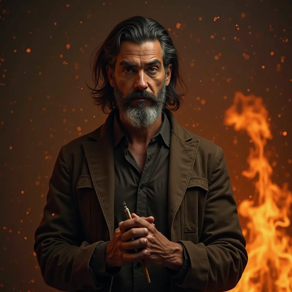 A super ultra realistic handsome person wearing simple clothes having blackish-white beard and moustache with long stylish hair and having a brown cigarette. The background should be of fire heroic. Photo should be till the chest