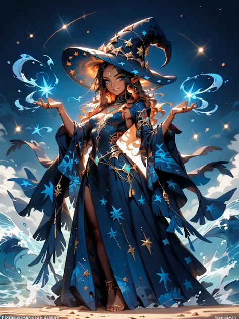 (from front, full body, look at viewer) beautiful witch( Charming Smile ,  Gold,brown skin,slender on the background,curved proportions),((Clasping hands in dynamic pose))shooting a blue glowing shooting a blue glowing water sphere , cinematic lighting。
An...