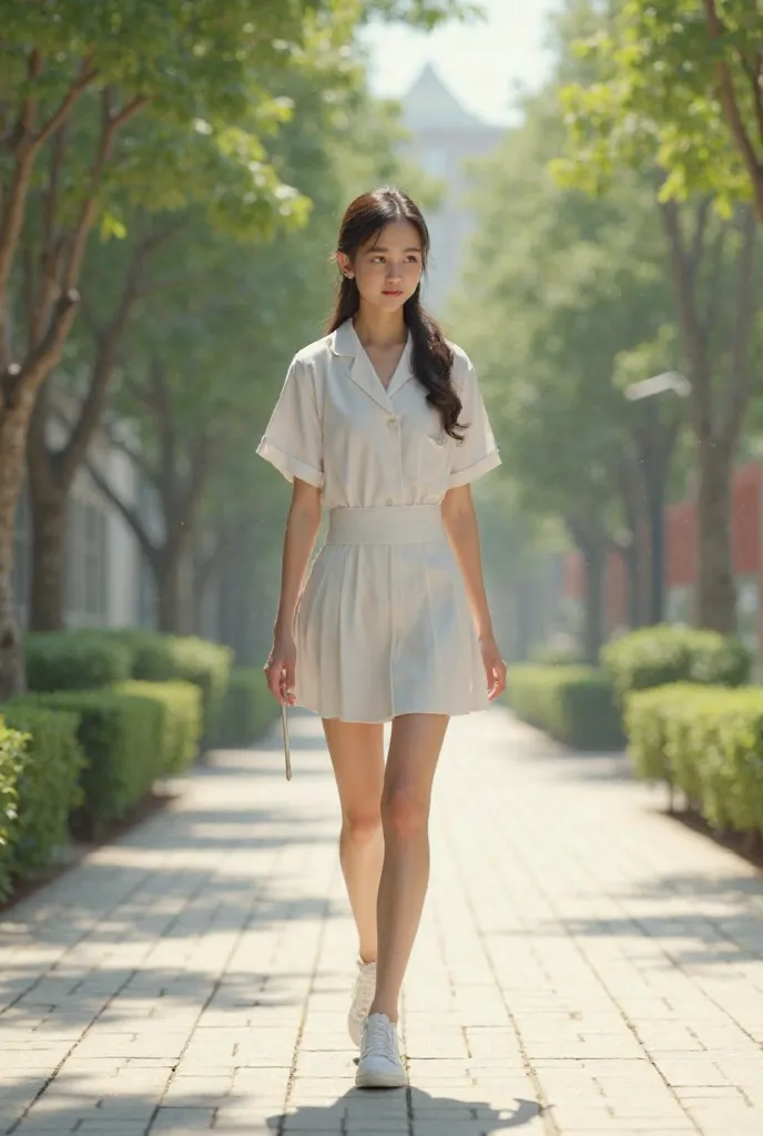 Student girl with white uniform walking 