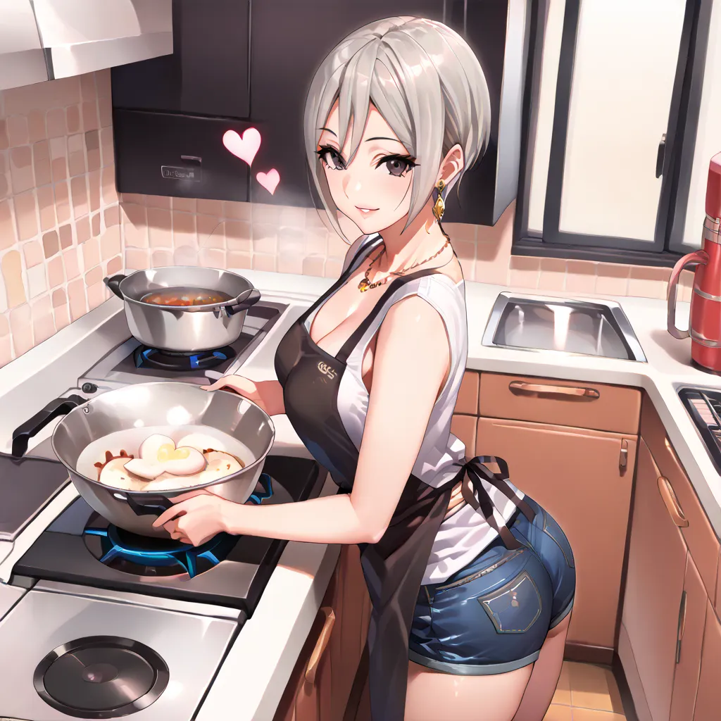 (Masterpiece, Top Quality, Super Detail: 1.5), Super High Quality, Very Beautiful, 8k, Anatomically Correct, Precise, One Woman, Sexy Adult Woman, MILF, Breasts, Gray Short Haircut, Shiny Hair Texture, Black Eyes, Detailed Eyes, Smiling, Parted Lips, Gloss...