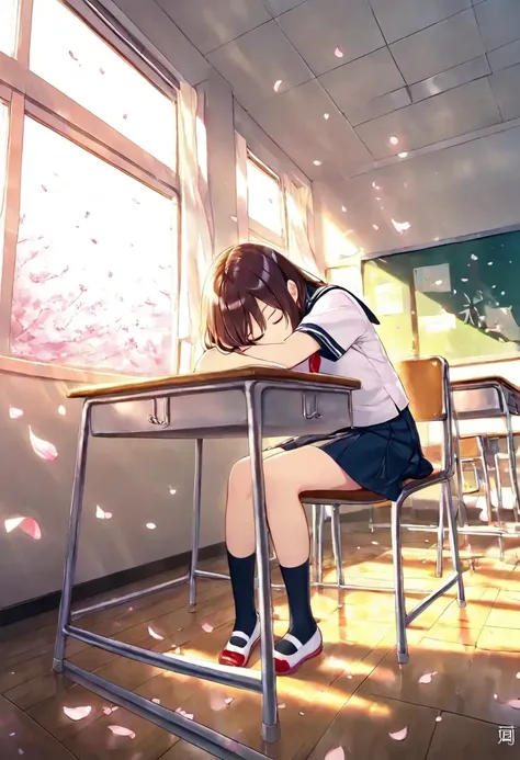 1 Girl，Window scenery，sleep，table，breeze，petal，chin,classroom,sitting on chair, serafuku, uwabaki,cinematic angle ,sunlight,masterpiece,god rays,, comic dialogue