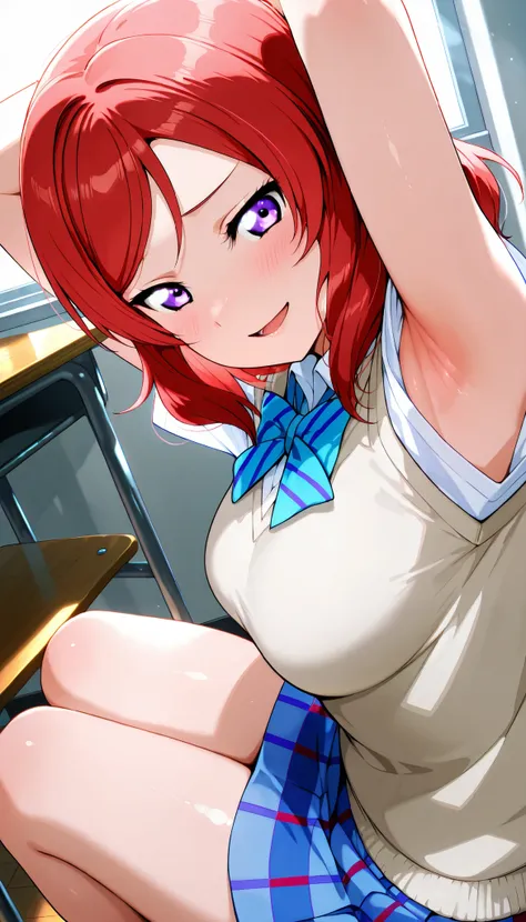 lovelive_maki,
sweater vest, short sleeves, blue plaid skirt, blue stripe bowtie, breasts, red hair, medium hair, purple eyes

,BREAK, armpit, arms over head, focus on armpit,
smile, ,scorn,open mouth, (cheerful),looking down at viewer,\(red blush\), embar...