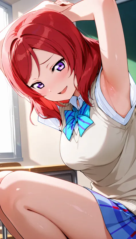 lovelive_maki,
sweater vest, short sleeves, blue plaid skirt, blue stripe bowtie, breasts, red hair, medium hair, purple eyes

,BREAK, armpit, arms over head, focus on armpit,
smile, ,scorn,open mouth, (cheerful),looking down at viewer,\(red blush\), embar...