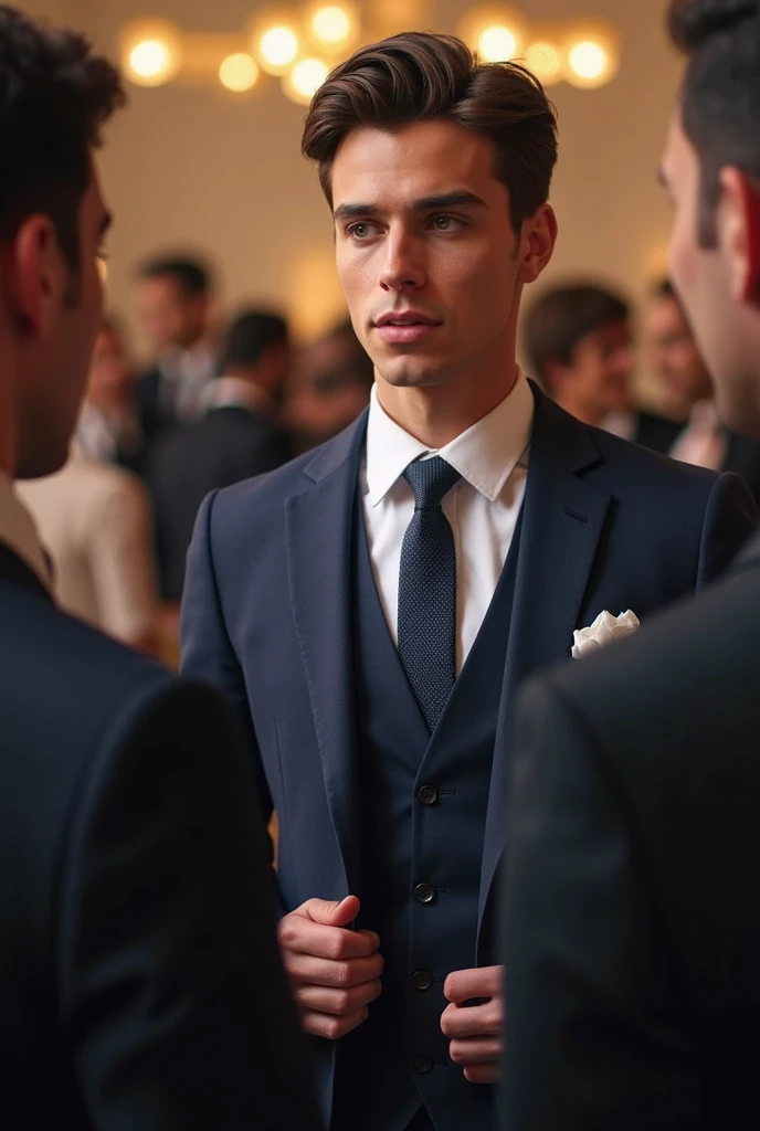 (photorealism:1.2), handsome man, 30 years old, wearing dark blue 3 piece suit and tie, CEO, white shirt, brunette hair, green eyes, realistic. At a charity event taking to someone. People in the background. 