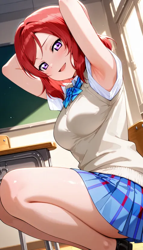 lovelive_maki,
sweater vest, short sleeves, blue plaid skirt, blue stripe bowtie, breasts, red hair, medium hair, purple eyes

,BREAK, armpit, arms over head, focus on armpit,
smile, ,scorn,open mouth, (cheerful),looking down at viewer,\(red blush\), embar...