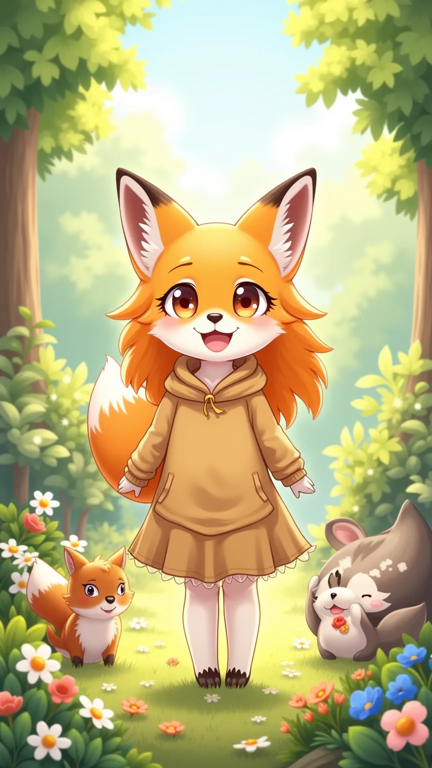 theme: 超ミニのちびキャラの可愛いFox Girl
シーン: 小さな森の中で遊んでいるFox Girl。Try generating an image of a cute fox girl。
Appearance:
Fox Girl: Very small、Adorable ratio。has big ears and a fluffy tail、has a bright orange coat。her big eyes are shining brightly。
clothing: cute fox...