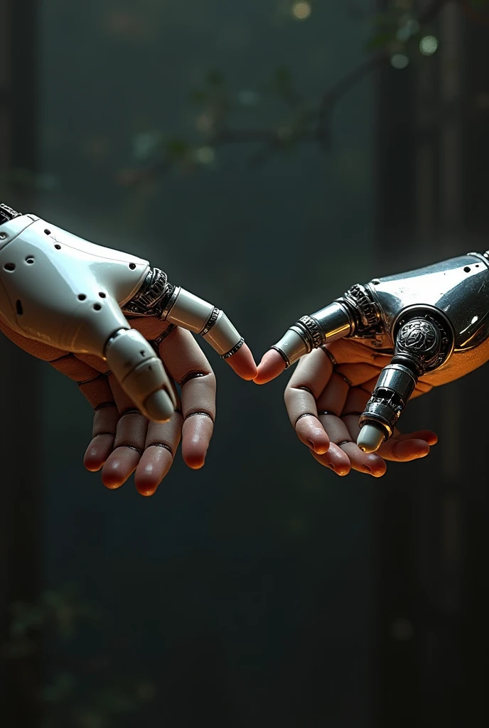 Make a reaching out hand to each other like the hand in the work "creation of adam" but make the hands ai or robot