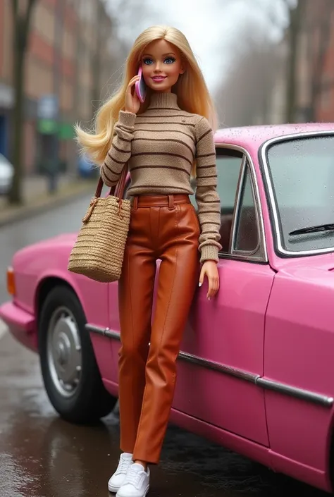 Realistic image of Barbie with nude blouse and horizontal stripes in brown,  long sleeve,  high throat, pants in terracotta color, with straw bag , white sneakers,Speak cheerfully on the cell phone, Inside the pink car to go to work and the weather with ra...