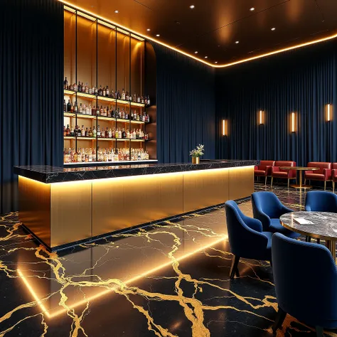 realistic photo, best quality, no humans, an expansive cocktail bar radiates modern luxury, blending deep navy tones with a striking Metallic Marble Epoxy floor. The flooring, with its fluid gold and silver veins swirling across polished black marble, adds...