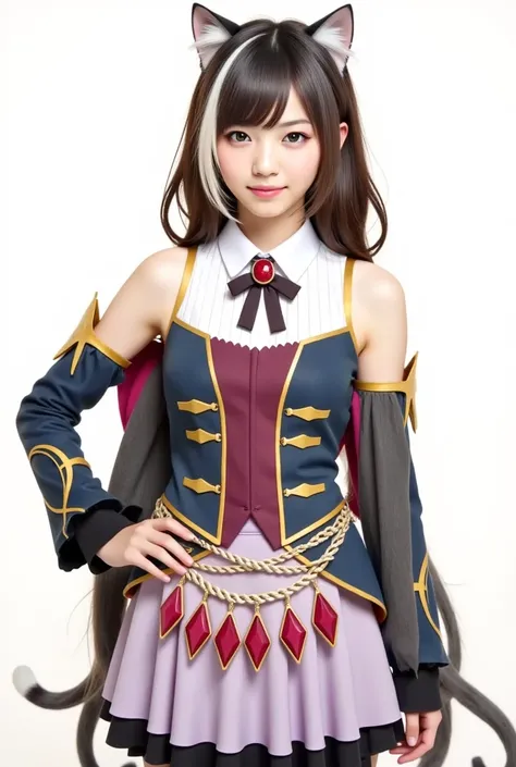 A realistic woman with long, flowing black hair styled in long wavy twin low ponytails and cat ears, featuring elegant, natural features.
She wears a refined, dark-toned mage-inspired outfit reminiscent of Ayaka and similar characters.
She stands confident...