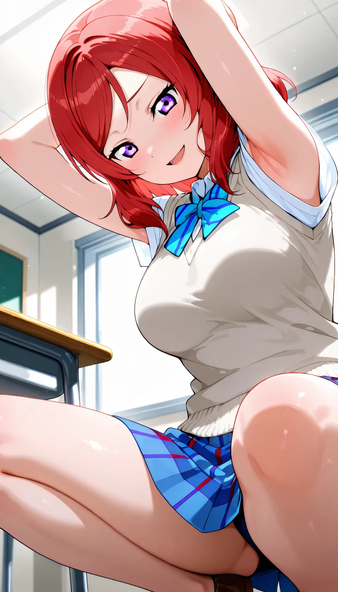 lovelive_maki,
sweater vest, short sleeves, blue plaid skirt, blue stripe bowtie, breasts, red hair, medium hair, purple eyes

,BREAK, armpit, arms over head, focus on armpit,
smile, ,scorn,open mouth, (cheerful),looking down at viewer,\(red blush\), embar...