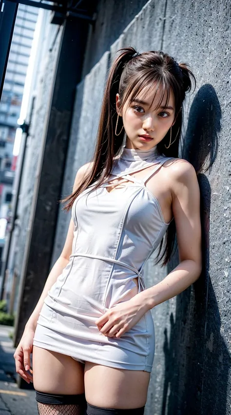 (8k、 RAW photo 、best quality、masterpiece、Super Realistic Pictures、portrait、 anatomically accurate、masterpiece:1.2)、(realistic、 Photorealistic)、1 girl、((Lace-up、Off Shoulder、 slit dress、see-through dress、体に張り付く see-through dress、wet sheer dress、((Lace-up dr...