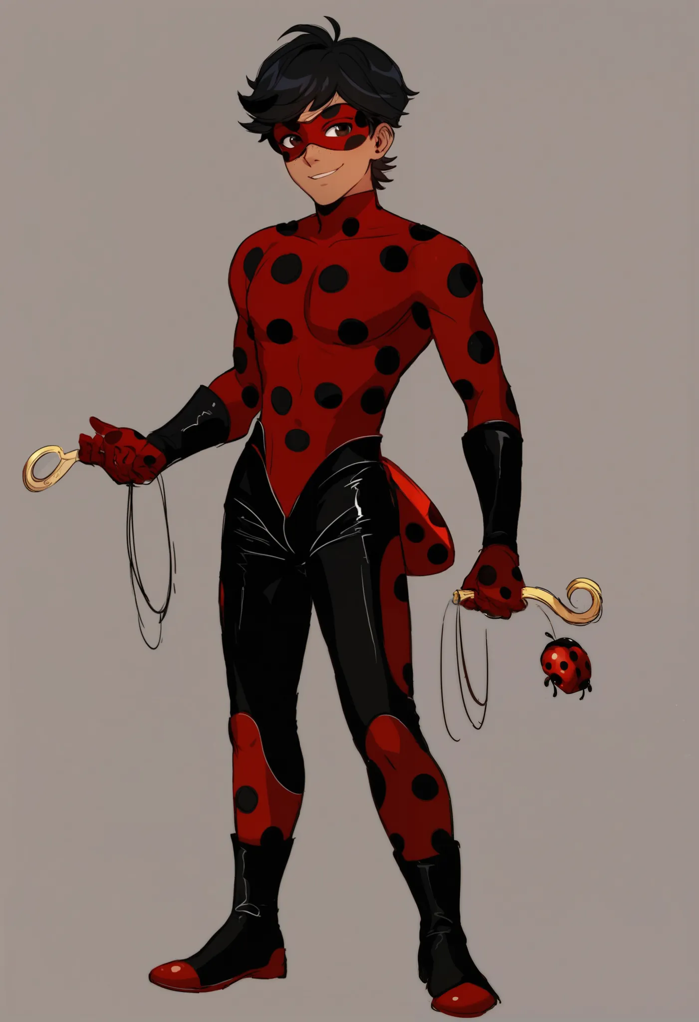 ladybug in a red and black costume with a red mask, miraculous ladybug, ladybug as a boy, latino, brown skin, black hair, full body with costume, miraculous, ladybug, new costume concept design, full body zenkai! asuka suit, official character art, digital...